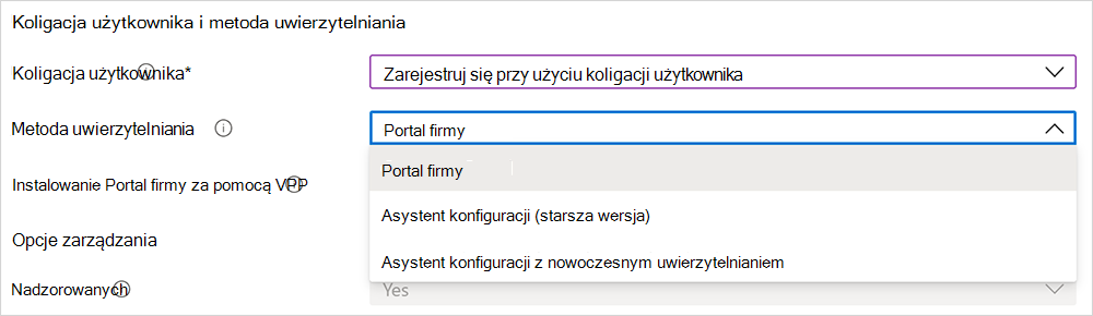 Zrzut ekranu przedstawiający opcje metody uwierzytelniania.