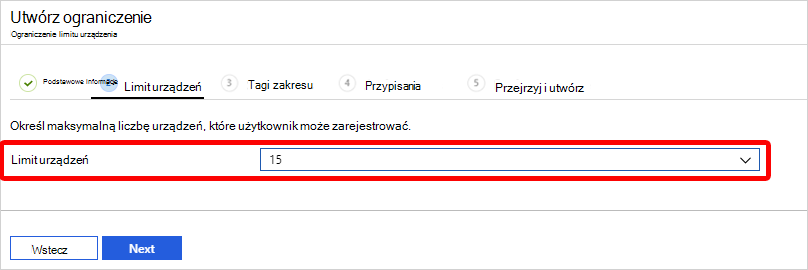 Zrzut ekranu przedstawiający sposób wybierania limitu urządzenia.