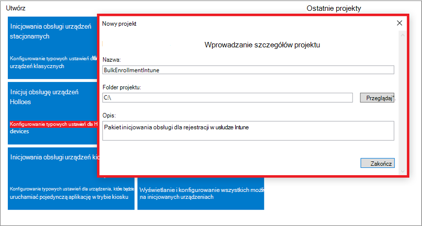 Zrzut ekranu przedstawiający określanie nazwy, folderu projektu i opisu w aplikacji Designer konfiguracji systemu Windows