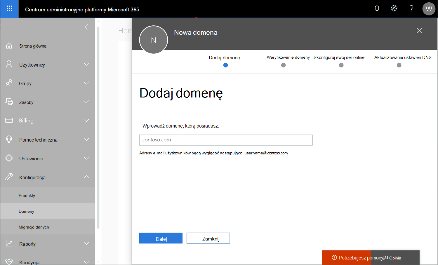 Zrzut ekranu przedstawiający Centrum administracyjne platformy Microsoft 365 z wybranymi domenami ustawień > i dodawaniem nowej nazwy domeny