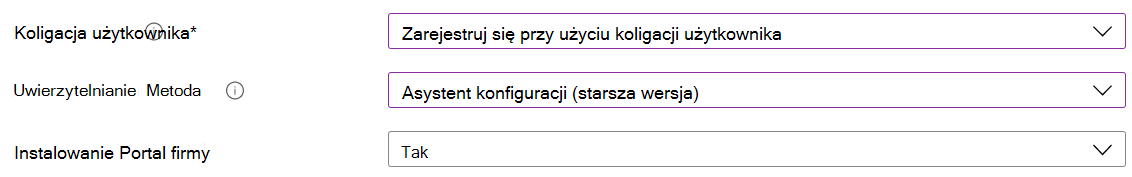 W centrum administracyjnym Intune i Microsoft Intune zarejestruj urządzenia z systemem iOS/iPadOS przy użyciu zautomatyzowanej rejestracji urządzeń (ADE). Wybierz pozycję Zarejestruj z koligacją użytkownika, użyj Asystenta ustawień do uwierzytelniania i zainstaluj aplikację Portal firmy.