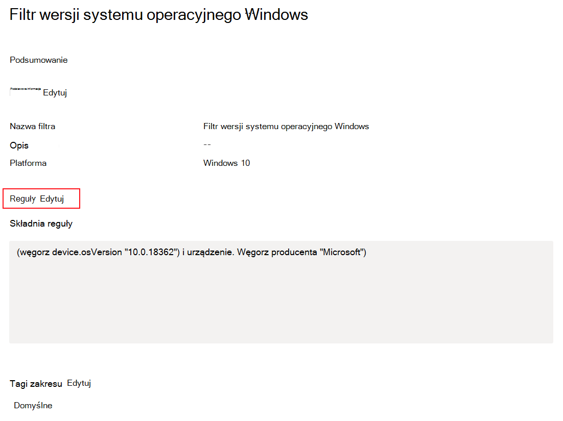 Zrzut ekranu przedstawiający sposób zmieniania lub aktualizowania istniejącego filtru w Microsoft Intune.