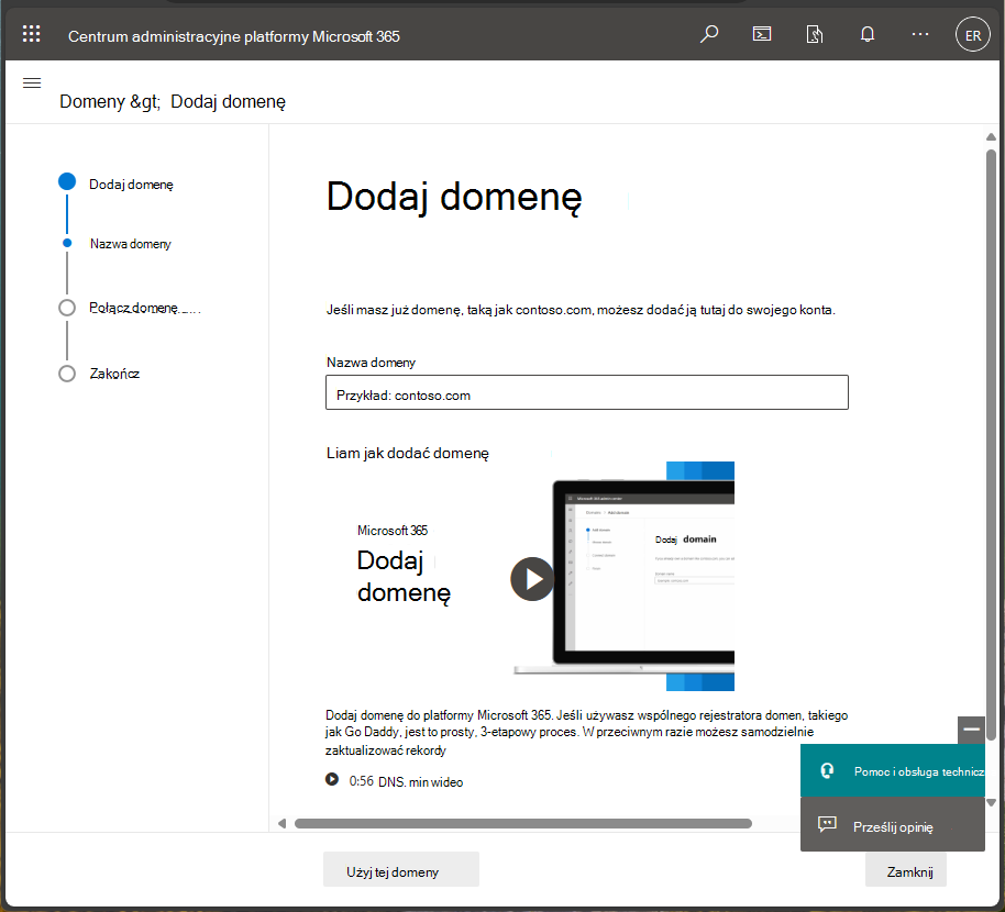Zrzut ekranu przedstawiający centrum administracyjne platformy Microsoft 365 — dodawanie domeny
