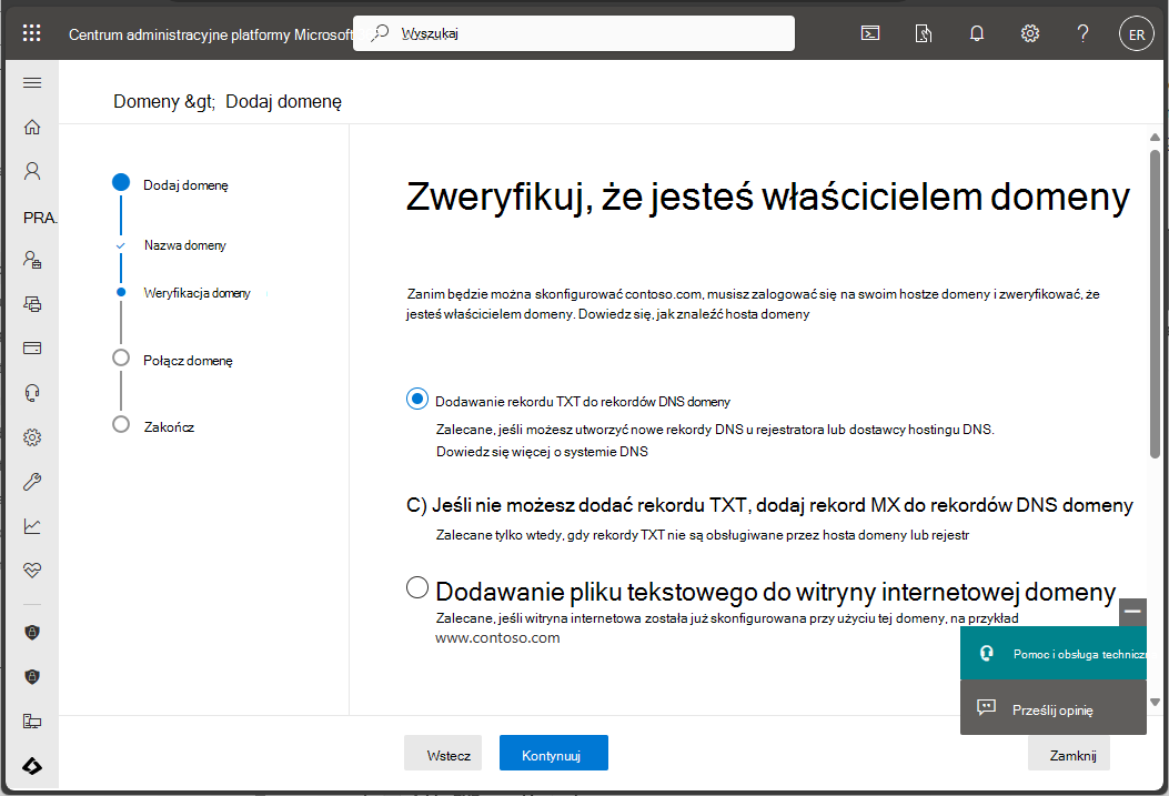 Zrzut ekranu przedstawiający centrum administracyjne platformy Microsoft 365 — weryfikowanie domeny