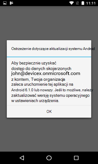 Obraz przedstawiający okno dialogowe ostrzeżenia dotyczącego aktualizacji systemu Android