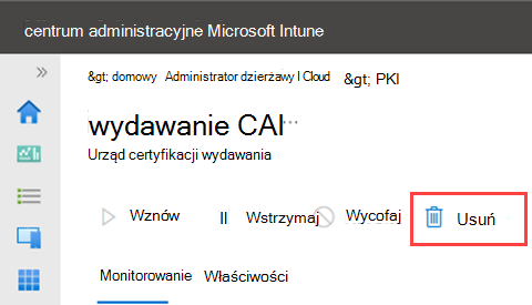 Przykładowy zrzut ekranu przedstawiający akcję usuwania urzędu wystawiającego certyfikaty.