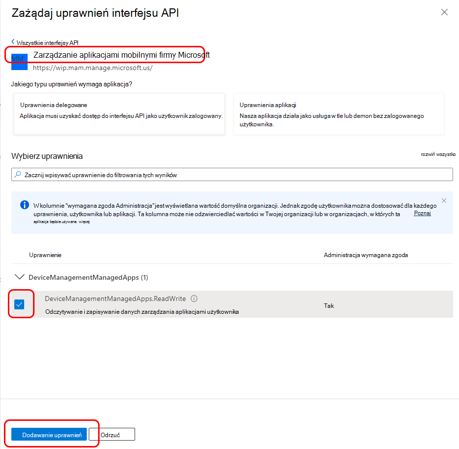 Konfigurowanie uprawnień interfejsu API dla usługi Microsoft Mobile Application Management.
