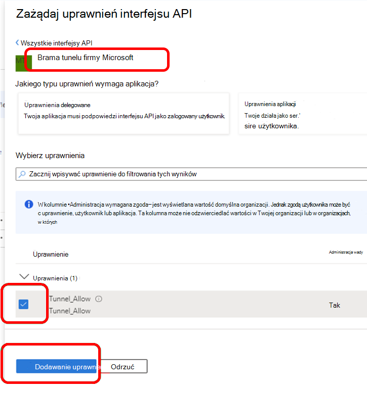 Konfigurowanie uprawnień interfejsu API dla usługi Microsoft Tunnel Gateway.