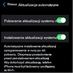 Zrzut ekranu przedstawiający ustawienia automatycznej aktualizacji na urządzeniach apple z systemem iOS/iPadOS.