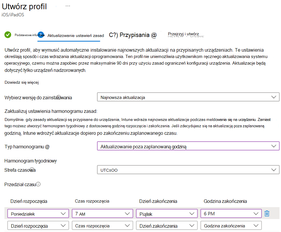 Zrzut ekranu przedstawiający instalowanie najnowszej wersji i ustawień aktualizacji oprogramowania poza zaplanowanym czasem dla urządzeń z systemem iOS/iPadOS w centrum administracyjnym Microsoft Intune.