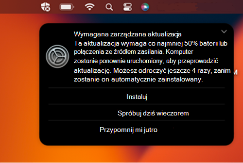 Przykładowy monit o powiadomienie o wymaganą aktualizację na urządzeniu apple z systemem macOS.