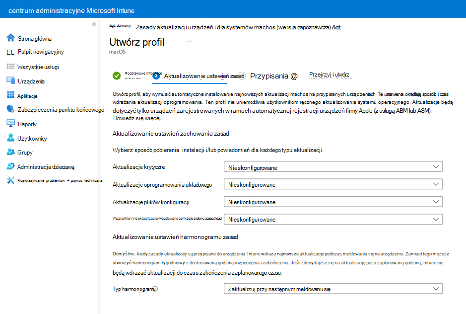 Zrzut ekranu przedstawiający stronę Ustawienia zasad aktualizacji.