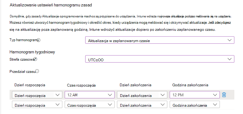 Zrzut ekranu przedstawiający ustawienia harmonogramu aktualizacji zasad.