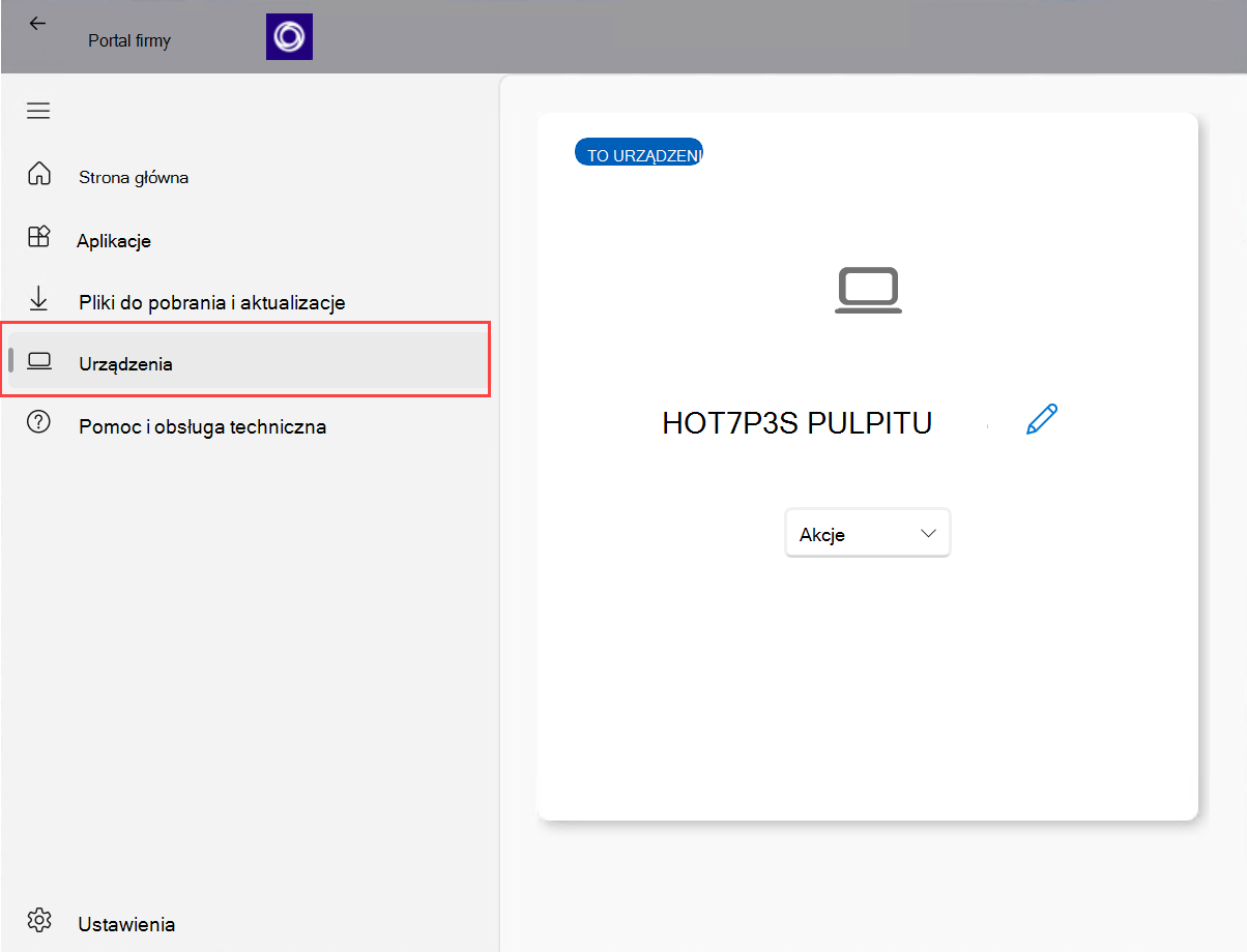 Zrzut ekranu przedstawiający aplikację Portal firmy dla systemu Windows z wyróżnioną opcją 