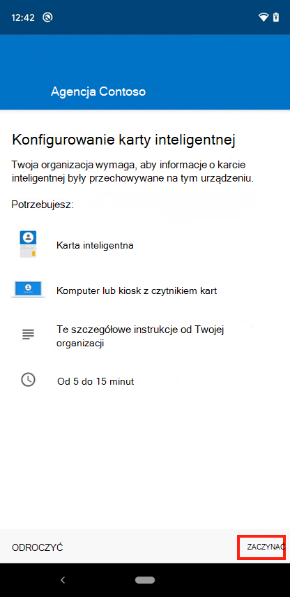 Zrzut ekranu przedstawiający aplikację Intune Skonfiguruj ekran dostępu mobilnych kart inteligentnych.