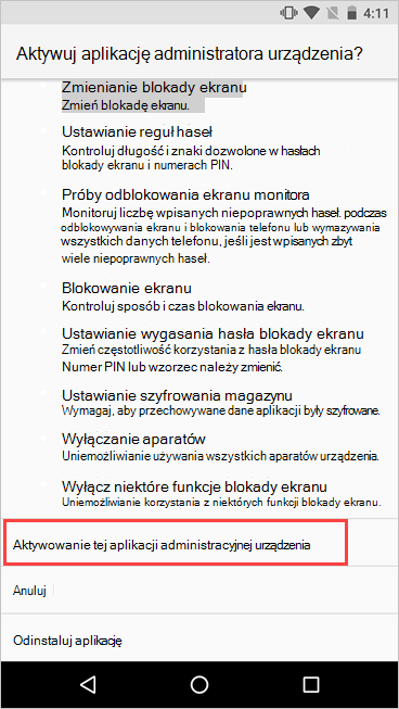 Zrzut ekranu przedstawiający ekran Aktywowanie administratora urządzenia z wyróżnionym przyciskiem aktywowania.