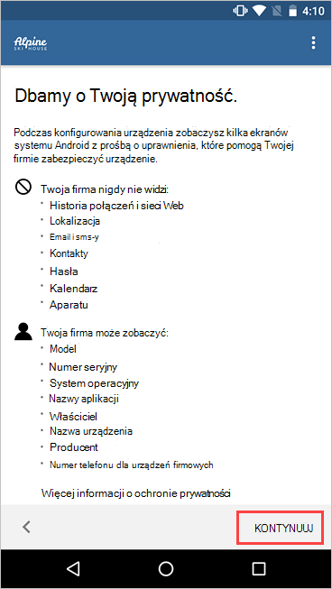 Zrzut ekranu przedstawiający Portal firmy. Dbamy o ekran prywatności, wyróżniając przycisk Kontynuuj.