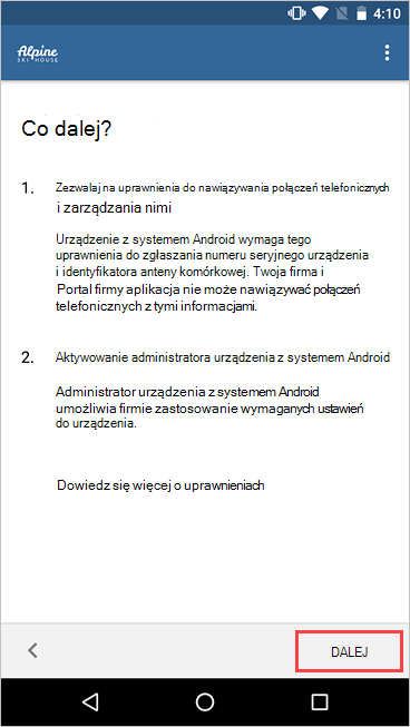 Zrzut ekranu przedstawiający Portal firmy, ekran Co dalej z wyróżnionym przyciskiem Dalej.