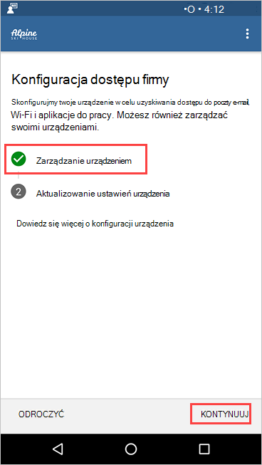 Zrzut ekranu przedstawiający ekran Portal firmy Konfiguracja dostępu do firmy z wyświetlonym ekranem Pobieranie zarządzania urządzeniem zostało ukończone.