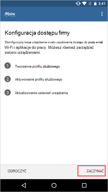 Zrzut ekranu przedstawiający ekran Konfiguracja dostępu do firmy z wyróżnionym przyciskiem Rozpocznij.