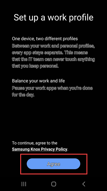 Zrzut ekranu przedstawiający Portal firmy z linkiem do zasad ochrony prywatności rozwiązania Samsung Knox i wyróżnionym przyciskiem Zgadzam się.