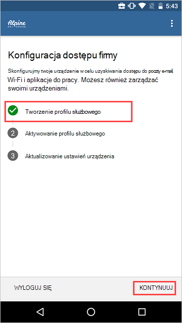 Zrzut ekranu przedstawiający konfigurację dostępu do firmy z wyświetlonym profilem służbowym.