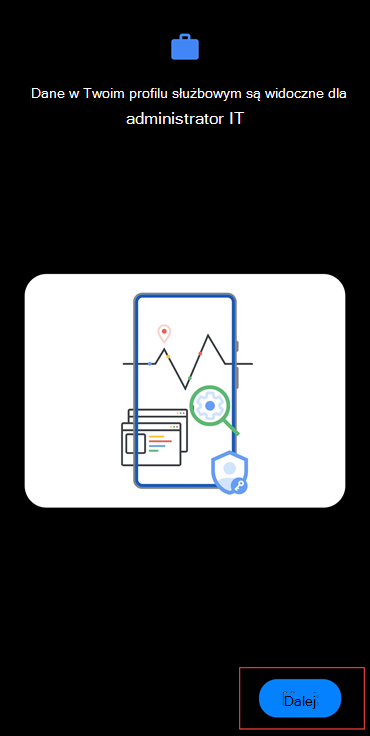 Zrzut ekranu przedstawiający Portal firmy wyróżniony przycisk Dalej.