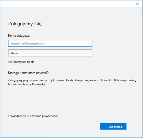 Zrzut ekranu przedstawiający Office 365 ekran logowania dla konta służbowego.