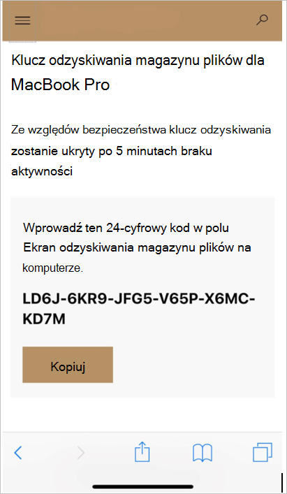 Zrzut ekranu przedstawiający witrynę internetową Portal firmy z kluczem odzyskiwania.