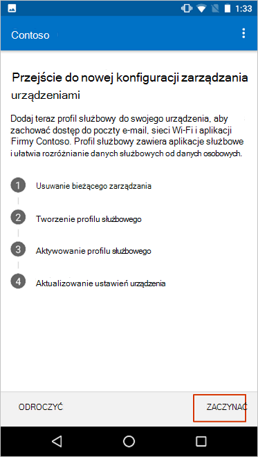 Na ekranie Konfiguracja zarządzania nowymi urządzeniami zostanie wyróżniony przycisk rozpocznij.