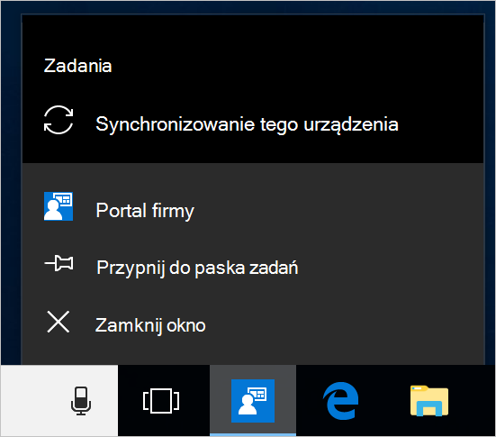 Zrzut ekranu przedstawiający pasek zadań systemu Windows na pulpicie urządzenia. Portal firmy ikona aplikacji została wybrana i wyświetla menu z opcjami 