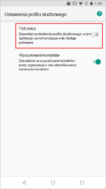 Zrzut ekranu przedstawiający przełącznik profilu służbowego włączony w ustawieniach urządzenia Nexus 5X.