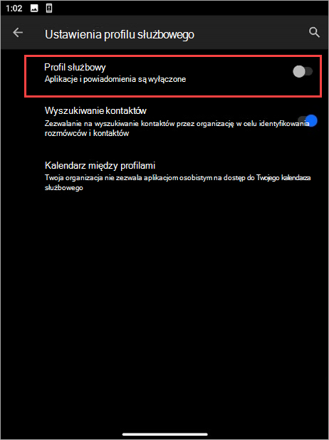 Zrzut ekranu przedstawiający przełącznik profilu służbowego wyłączony w ustawieniach urządzenia Surface Duo.