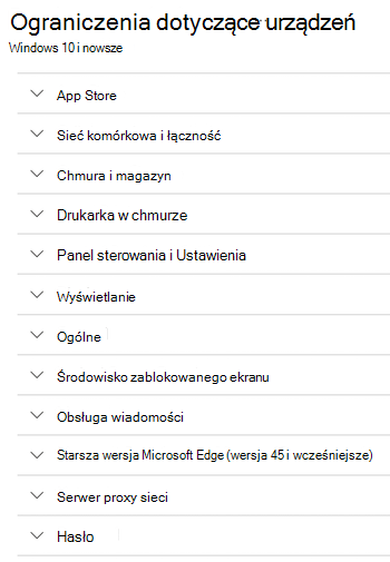 Wszystkie ustawienia ograniczeń urządzenia dla urządzeń z systemem Windows w usłudze Microsoft Intune.