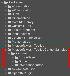 Zrzut ekranu pakietu Control Samples w folderze Packages.