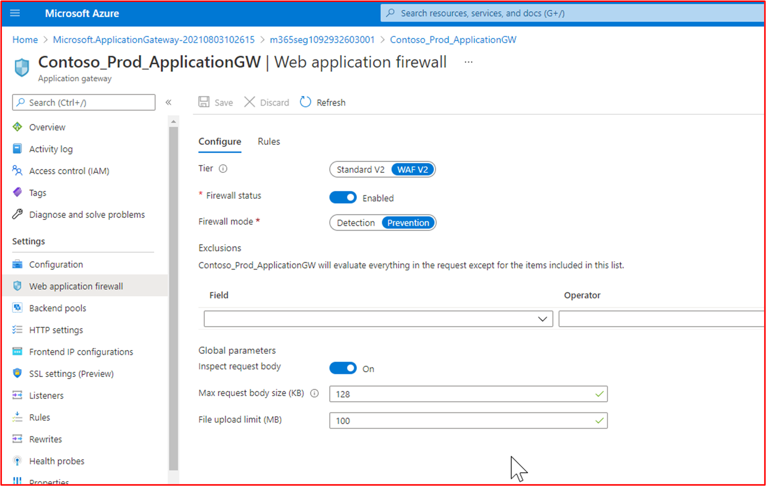 screenshots shows the Contoso Production Azure Application Gateway WAF policy is enabled and that it's configured for 'Prevention' mode