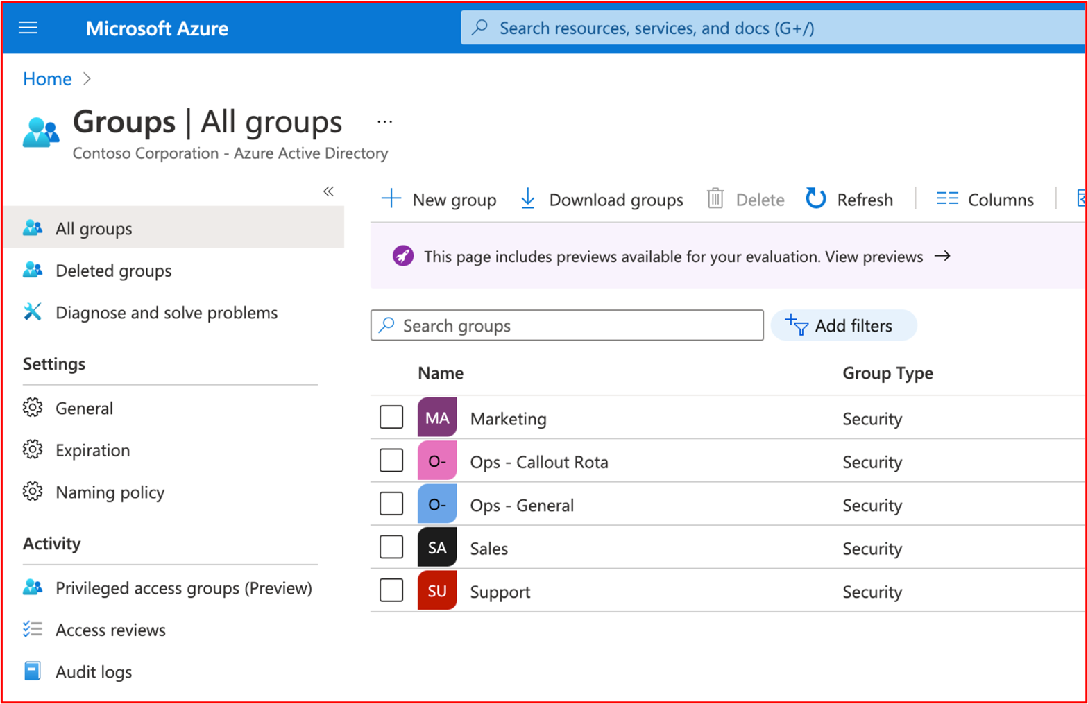 screenshot shows that the environment is configured with groups assign according to job function.