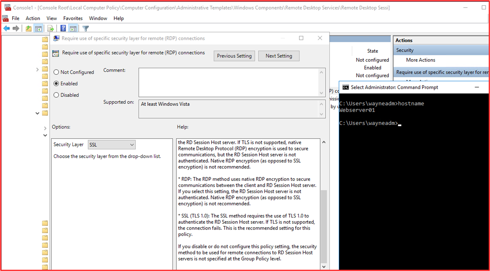 shows that the RDP transport security is configured to use TLS 1.0 on "Webserver01"