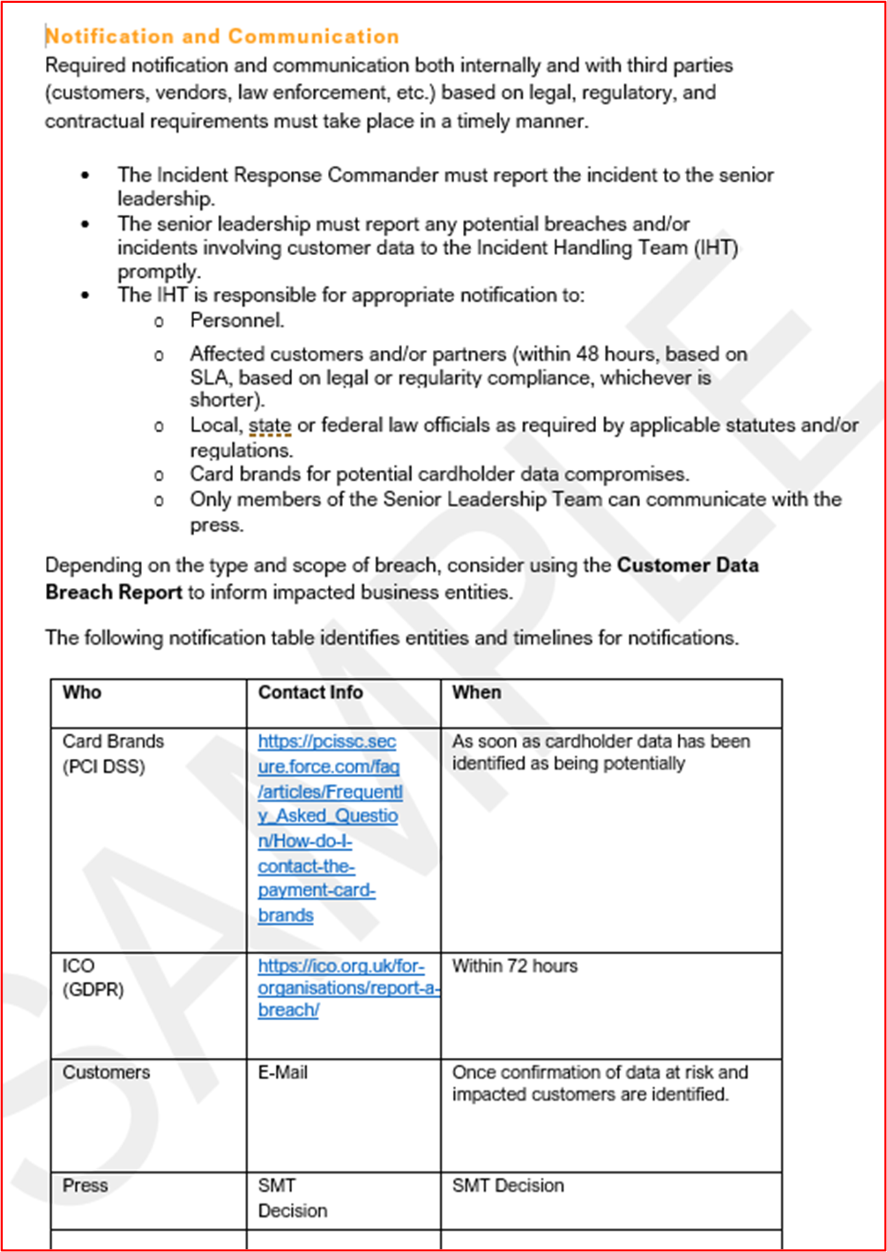 screenshot shows an extract from the incident response plan showing the communication process