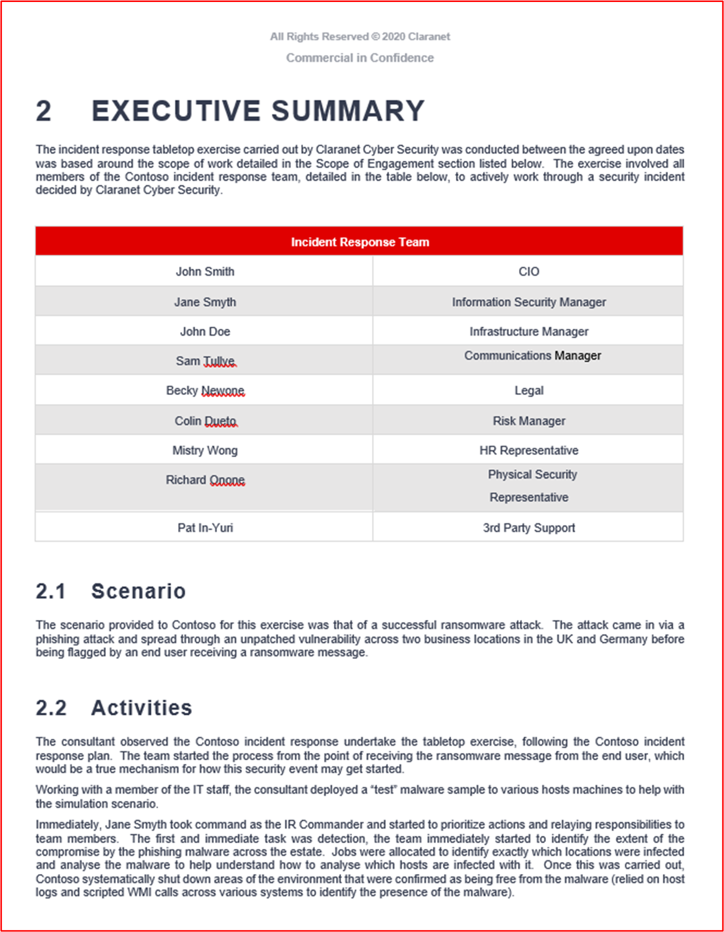 screenshot shows an extract from the incident response report generated by Claranet for Contoso3