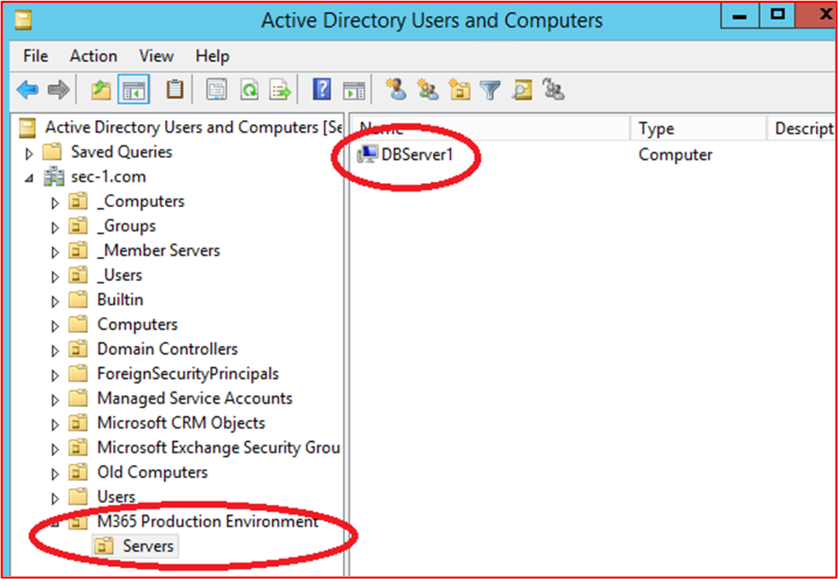 screenshot shows the in-scope server "DBServer1" being within the OU within the screenshot above.