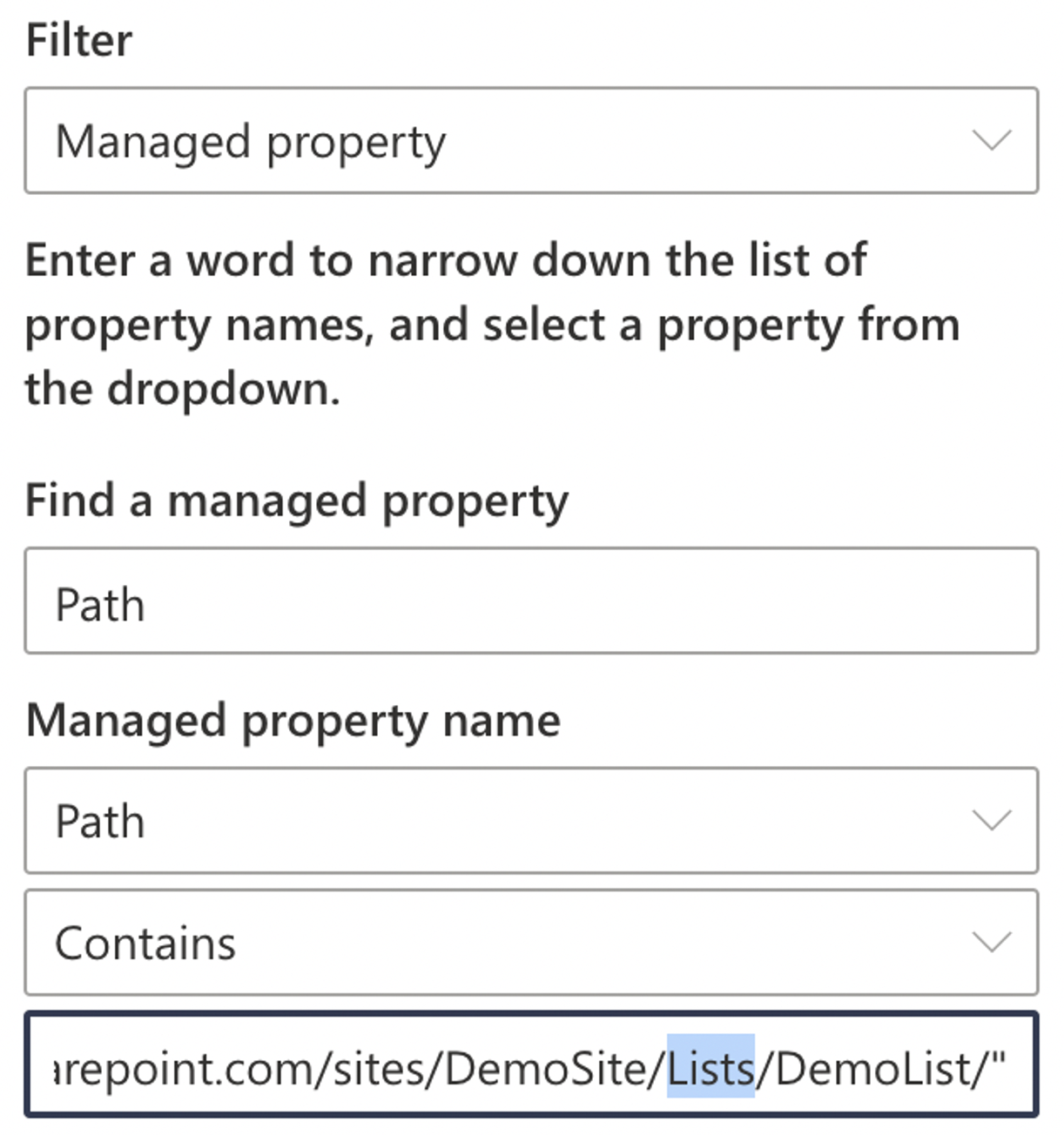 Screenshot of SharePoint Highlighted Content Web Part, where content is filtered by the Path