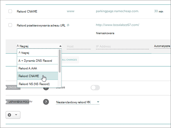 Wybierz pozycję Rekord CNAME.