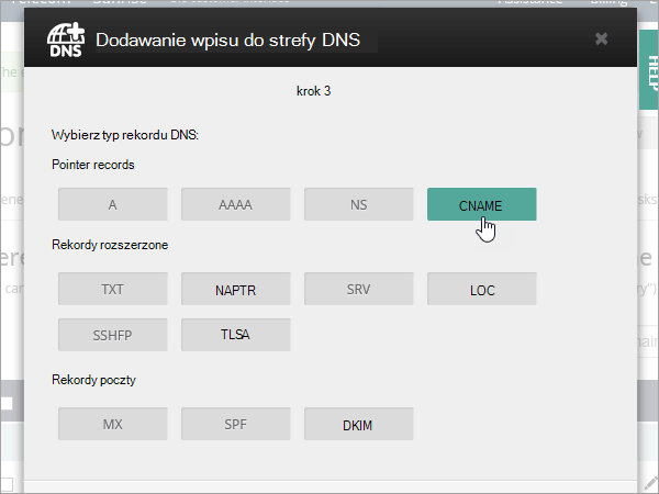 OVH Dodaj typ rekordu CNAME.