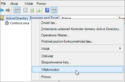 Kliknij prawym przyciskiem myszy pozycję Domeny i relacje zaufania usługi Active Directory, a następnie wybierz pozycję Właściwości.