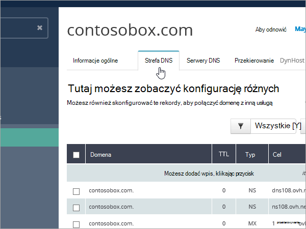 OVH Wybierz strefę DNS.