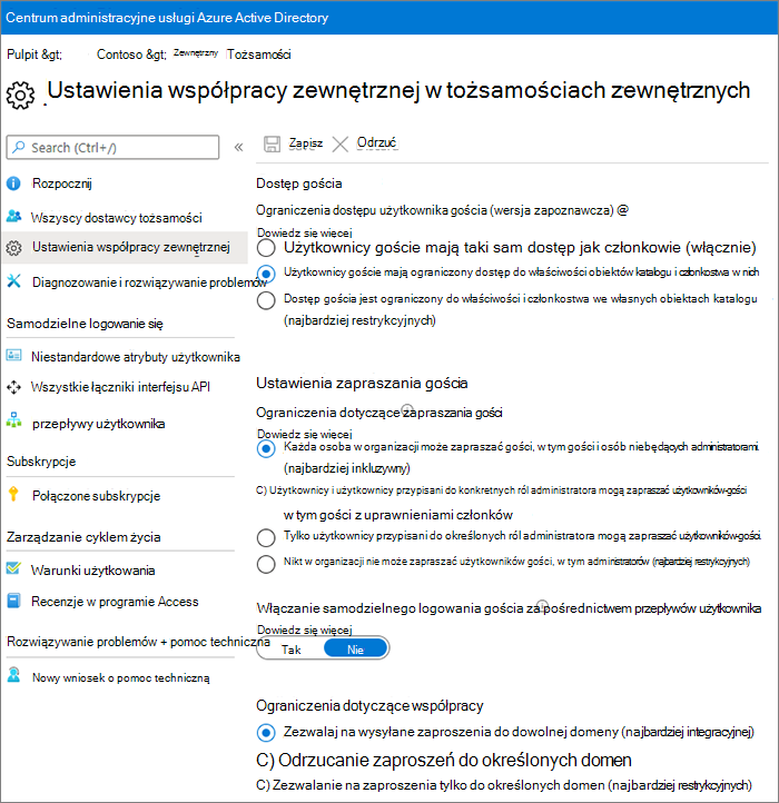Zrzut ekranu przedstawiający stronę ustawień współpracy zewnętrznej w usłudze Microsoft Entra.