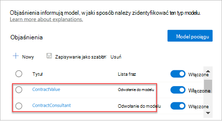 Zrzut ekranu przedstawiający sekcję Objaśnienia przedstawiającą typ Odwołanie do modelu.