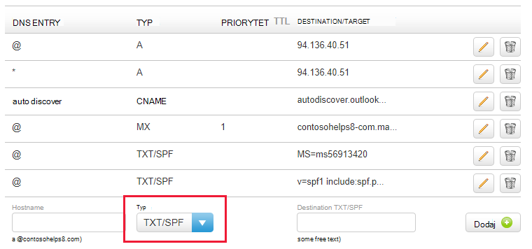 Wybierz typ TXT/SPF z listy rozwijanej i wypełnij wartości.