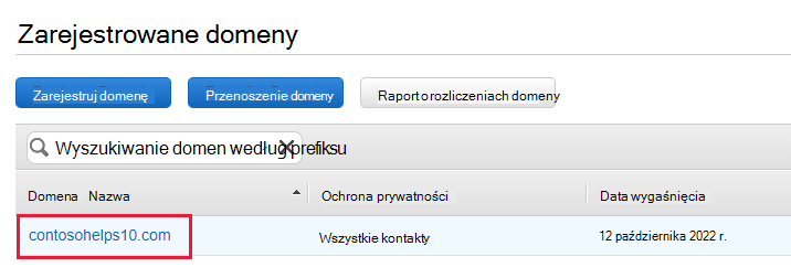 Zrzut ekranu przedstawiający zarejestrowane domeny, w których wybrano nazwę domeny dla rekordu TXT weryfikacji domeny.